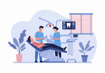 Dental check-up. Dentist in mask and gloves examining patient's mouth with tools. Vector illustration