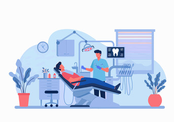 Dental check-up. Dentist in mask and gloves examining patient's mouth with tools. Vector illustration