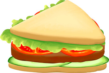 Illustration of sandwich with vegetable, tomato, meat and cucumber