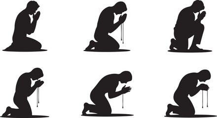 Praying Silhouette Set Spiritual Meditation Worship Devotion Kneeling Prayer Beads Black Vector Illustration