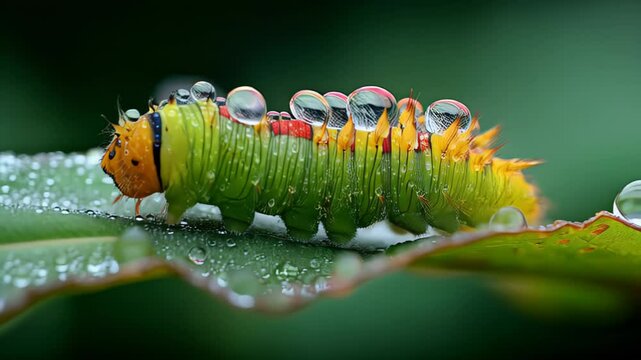 Stunning close-up of a vibrant caterpillar resting on a leaf adorned with water droplets during a gentle morning