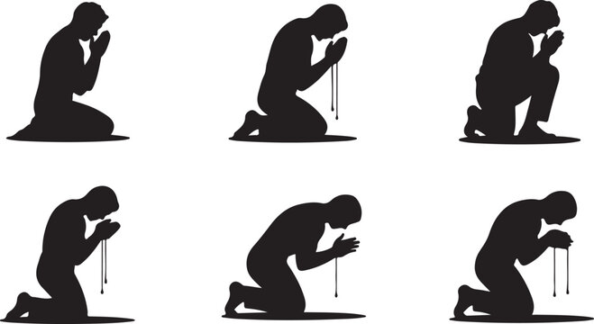 Praying Silhouette Set Spiritual Meditation Worship Devotion Kneeling Prayer Beads Black Vector Illustration