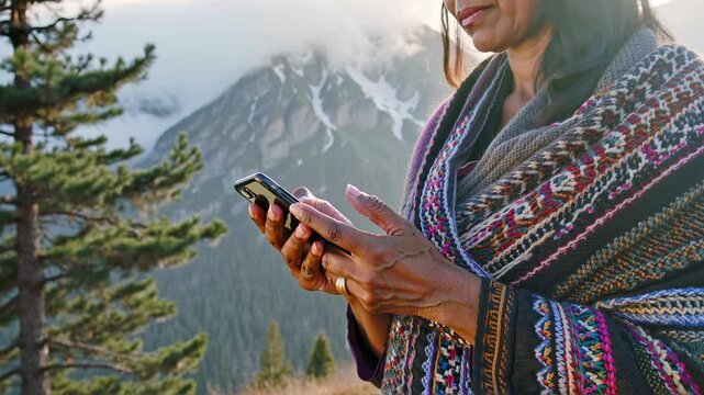 Indigenous woman using a smartphone in a mountain landscape with Colorful Traditional Shawl