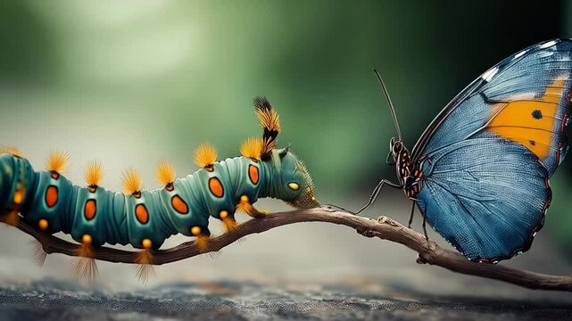 Transformation from caterpillar to butterfly occurs in vibrant natural setting