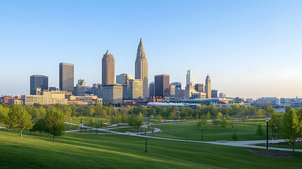 Obraz premium Cityscape Panorama With Parkland At Dawn