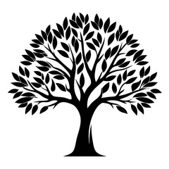 Obraz premium Monochrome Silhouette of a Lush Full Leafy Tree, Isolated on White