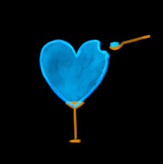 Blue heart ice cream in a orange wine glass. The dessert spoon broke off part of the heart of the ice cream