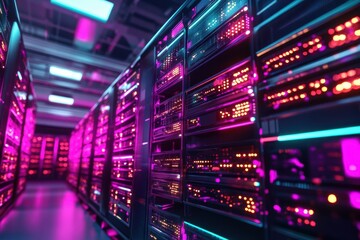 Data center with vibrant neon lights and advanced server technology at night