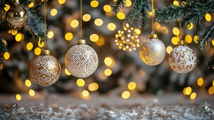 Festive Christmas ornaments hanging from a decorated tree with bokeh lights