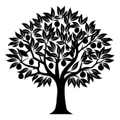 Obraz premium Black Silhouette of Fruit Tree with Abundant Leaves and Spherical Fruits