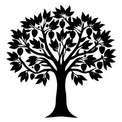 Obraz premium Black Silhouette of a Fruit Bearing Tree with Leaves and Round Fruits