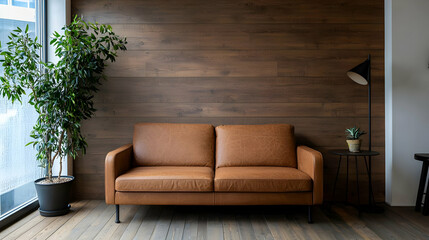 Fototapeta premium Modern Living Room With Brown Leather Sofa And Wooden Wall