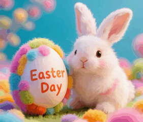abstract illustration of rabbits and eggs easter day inscription of fluffy fur colorful easter day