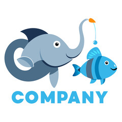 Funny Elephant Fishing Logo Design with Cute Fish