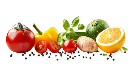 Vibrant Vegetables and Orange Composition Tomato, Pepper, Potato, Isolated on Transparent Background, healthy food, fresh produce, vegetables, fruit, food
