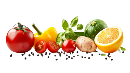 Vibrant Vegetables and Orange Composition Tomato, Pepper, Potato, Isolated on Transparent Background, healthy food, fresh produce, vegetables, fruit, food