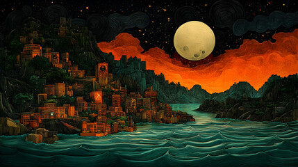 Dreamlike coastal city at night buildings climb the hillsides illuminated by a warm glow full moon over orange horizon