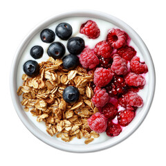 Yogurt Parfait with Granola, Blueberries and Raspberries - Isolated on Transparent Background, Healthy Breakfast, Top View, breakfast bowl, granola parfait, berry yogurt