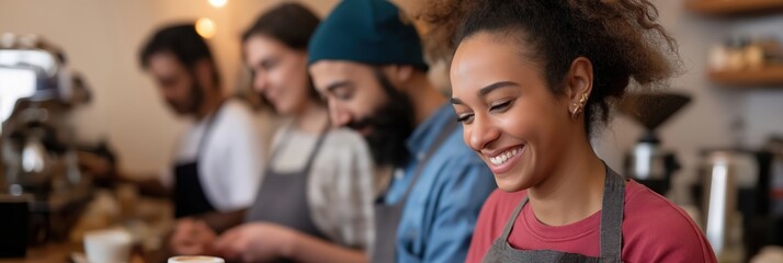 Cheerful baristas preparing coffee in a cozy café, representing the heart of community and the joy of connection through quality beverages and friendly service.