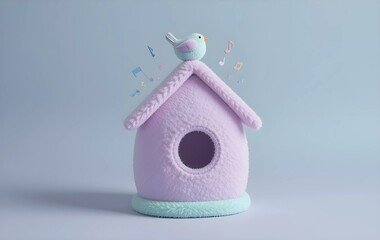 Plush 3D birdhouse in lilac and light mint with circular door and tiny bird on top chirping pastel music notes, tiny plush birdhouse with bird sitting on top and singing