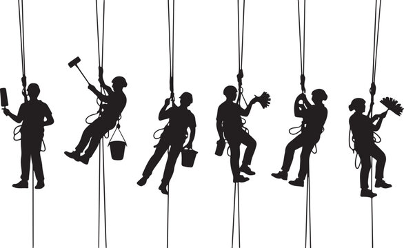 Window Cleaner Silhouette Set High Rise Building Maintenance Rope Safety Work Urban Black Vector Illustration