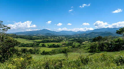 Fototapeta premium Panoramic View Of Lush Green Valley And Mountains Under A Sunny Sky