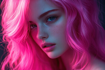 Fototapeta premium Woman with pink hair and blue eyes surrounded by vibrant flowers in a sunlit garden, looking contemplative and graceful.