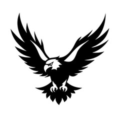 Obraz premium A black vector silhouette depicts an eagle in flight, its powerful wings spread wide, a tribal design evoking a sense of freedom and nature