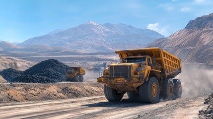 Obraz premium Mining trucks on a dusty road amidst mountains