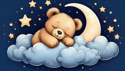 A cute teddy bear peacefully sleeps on a fluffy cloud under a starry night sky, gently illuminated by the crescent moon and surrounded by glowing stars.
