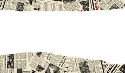 Torn newspaper border banner. Jagged edges. Collage halftone elements. Frame and place fo text. Concept from paper scraps on white background. Trendy design template. Vector illustration