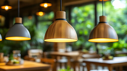 Obraz premium Stylish wooden and gray pendant lights illuminate a restaurant interior with tables and green foliage visible through th