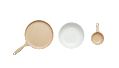 Three kitchenware pieces for food preparation.