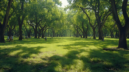 Obraz premium Sunlit park with lush green grass tall trees and people in the background create a serene and tranquil natural scene