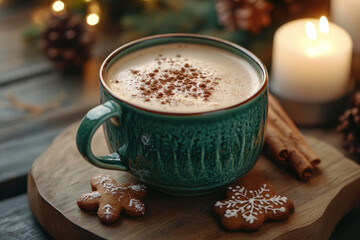 A cup of hot chocolate topped with whipped cream, cinnamon, and cinnamon sticks on a saucer. Marshmallows float on the creamy surface.
