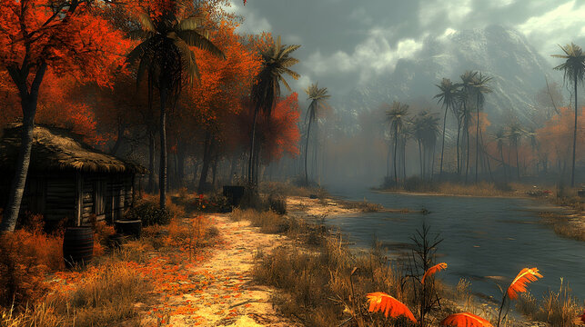 Tropical village near river with orange trees mountains in the distance and a small wooden hut on the left side of a s