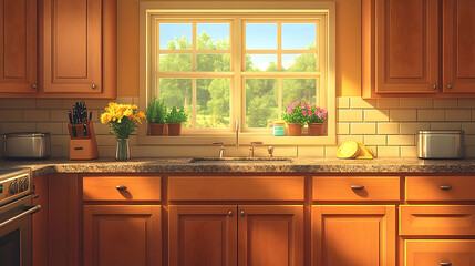 Fototapeta premium Warm sunlight fills a cozy kitchen with plants near the window and wooden cabinets tile backsplash and golden countert