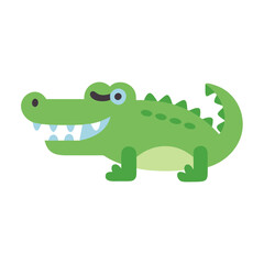 Cartoon Green Crocodile with Smiling Face on Black