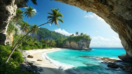 Fototapeta premium Secluded Tropical Paradise with Natural Rock Arch and Turquoise Waters Idyllic Island Beach Landscape in Vibrant Sunlight