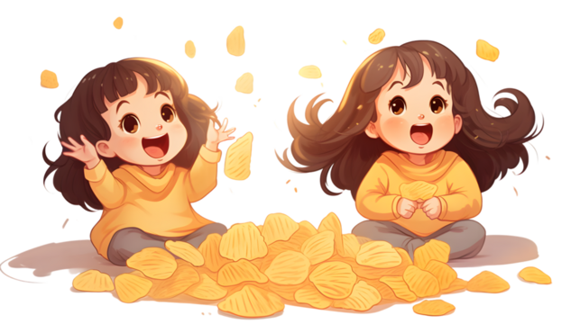 Happy cartoon little girl enjoying potato chips snack with joyful expression