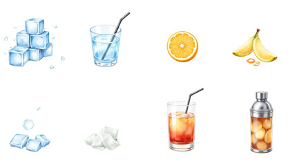 Refreshing beverages with fruits and ice cubes.