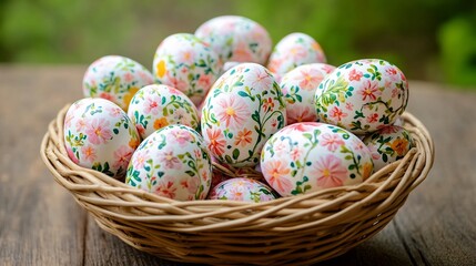 Fototapeta premium Basket of hand painted Easter eggs with floral patterns on a wooden table