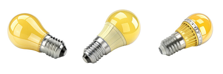 3D Render of Yellow LED Bulbs, Isolated on Transparent Background, Energy Efficient Lighting Design, Lightbulb Collection, LED bulb, lighting, 3D rendering