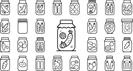 Silhouette illustrations of various jars filled with pickled items