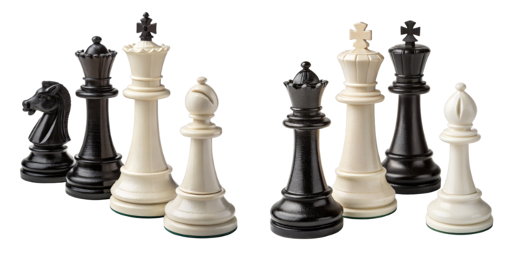 Chess Pieces Composition Black and White King, Queen, Bishop, Knight, Isolated on Transparent Background, Strategy Game, Chess, Strategy, Game