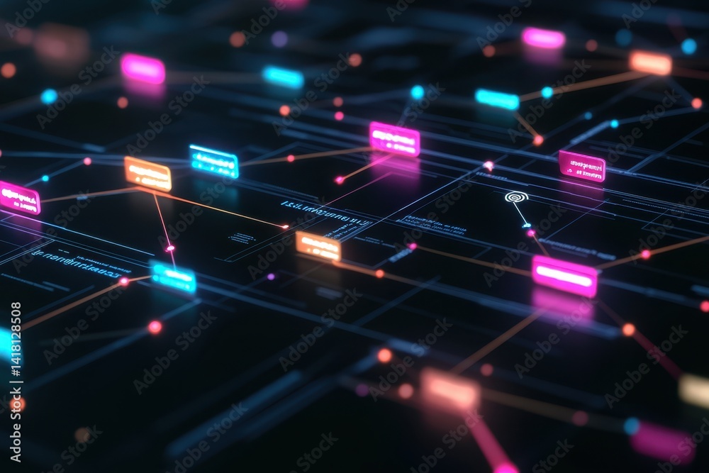 Poster exploring a digital network of interconnected data points at nighttime