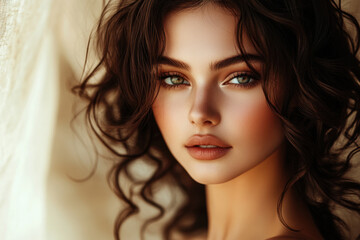 Beautiful woman with long hair and green eyes gazing at the sunset over the ocean, her silhouette framed by the vibrant hues of the sky and water.