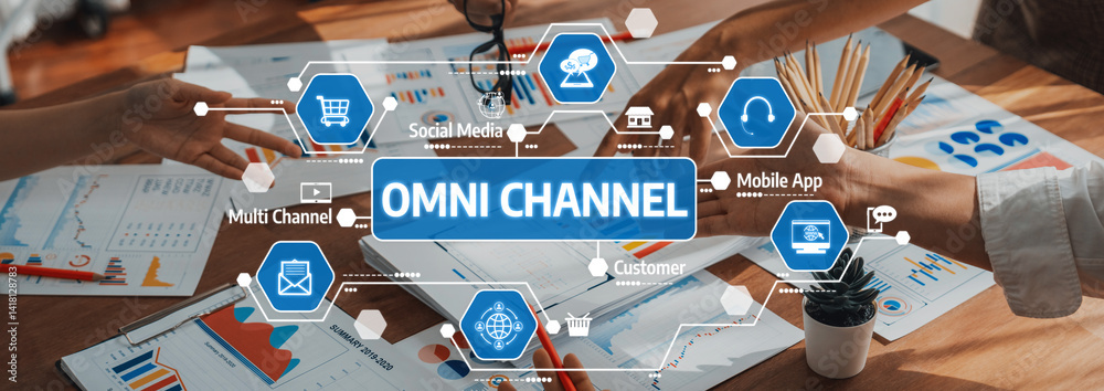 Aufkleber Engaging visual depicting diverse hands collaborating over charts and devices, showcasing the concept of omni channel strategy in a vibrant business environment. Amity