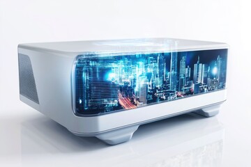 Futuristic device displays a vibrant, digital cityscape, showcasing advanced technology and urban visualization.