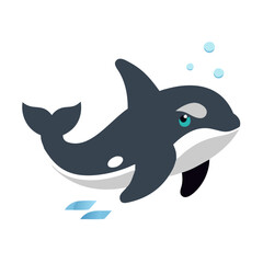 Cartoon Orca Swimming with Bubbles on Black Background